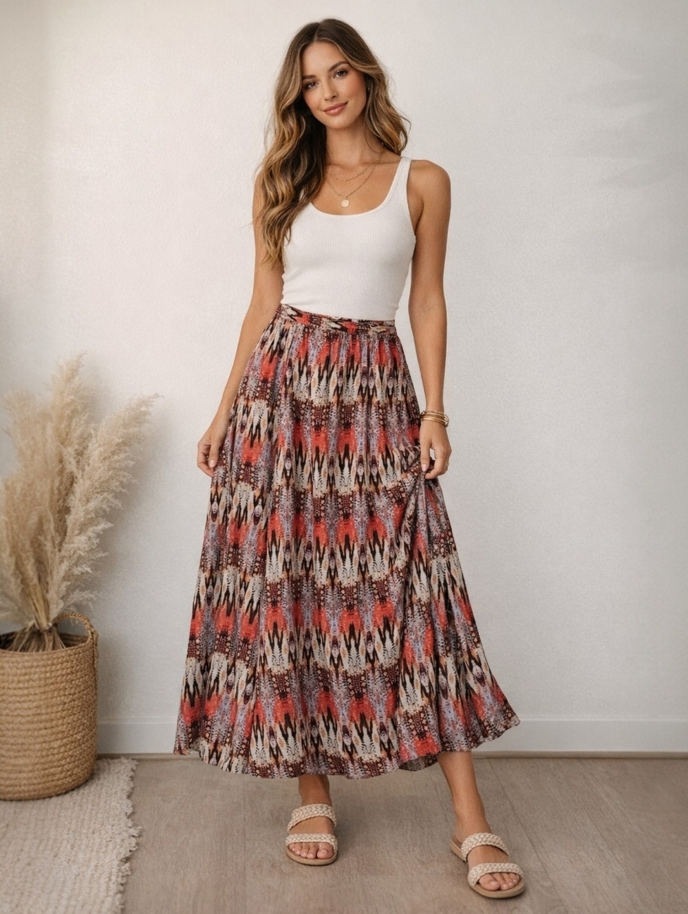 Christian Siriano Multicolor Ikat Print Maxi Skirt - Red, Black, Cream